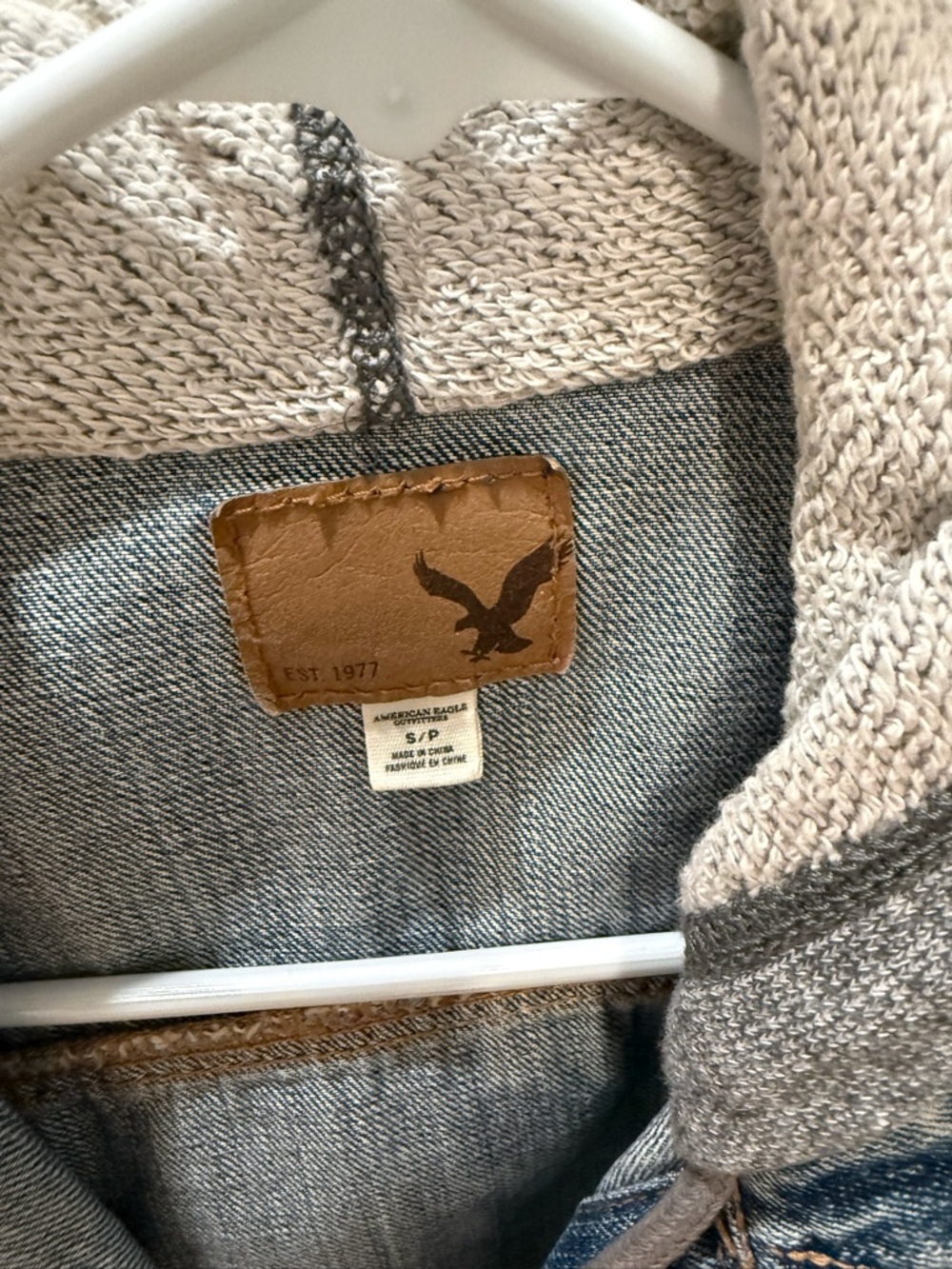American Eagle Outfitters Blue Denim Jacket with Grey Knit Hood & Sleeves - Picture 3 of 3